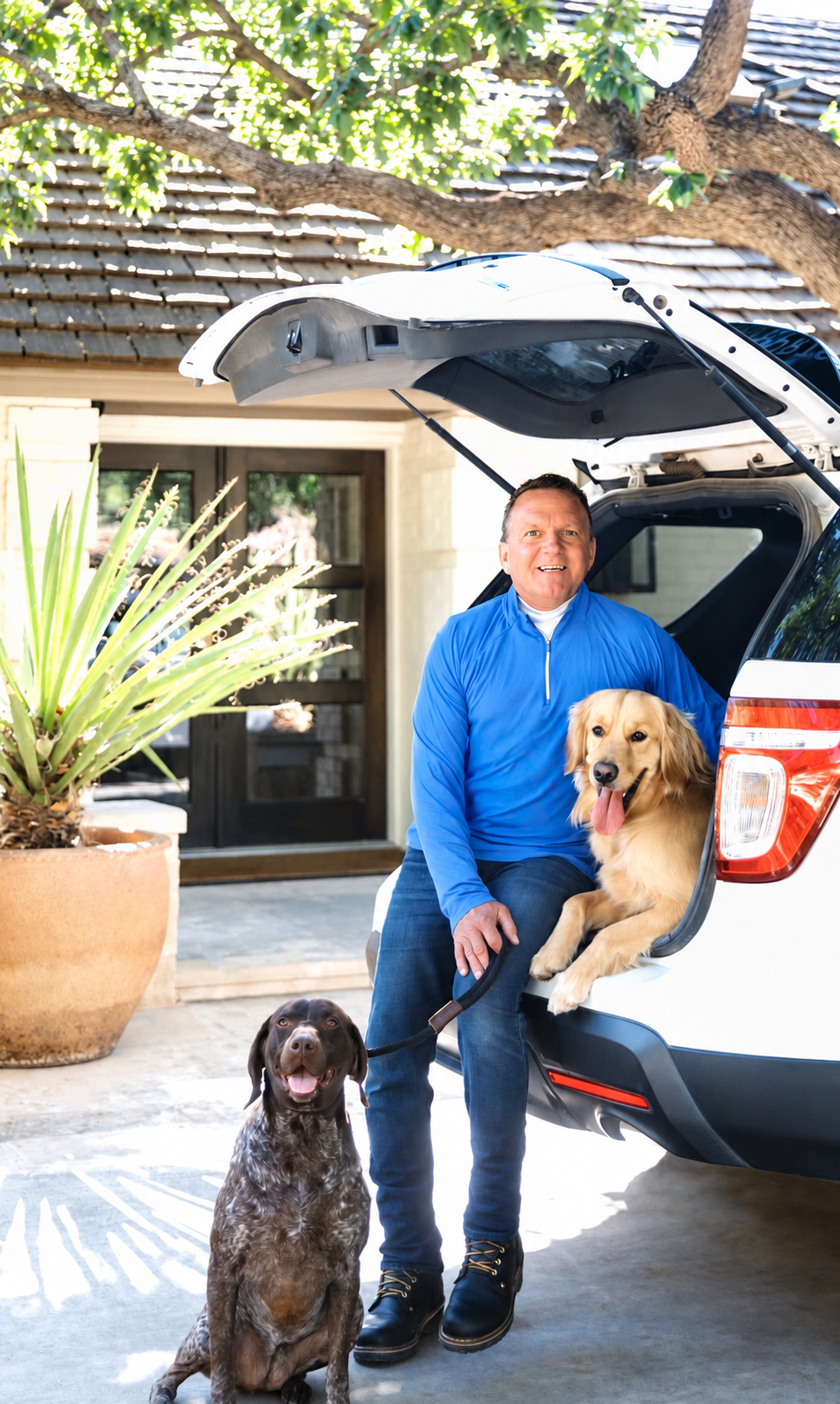 Keith standing beside an SUV with dogs